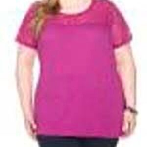 T-SHIRT, CROCHET FRONT, VIVID FUCHSIA, SIZE 5X, SHAPED FIT, SHORT SLEEVES,
